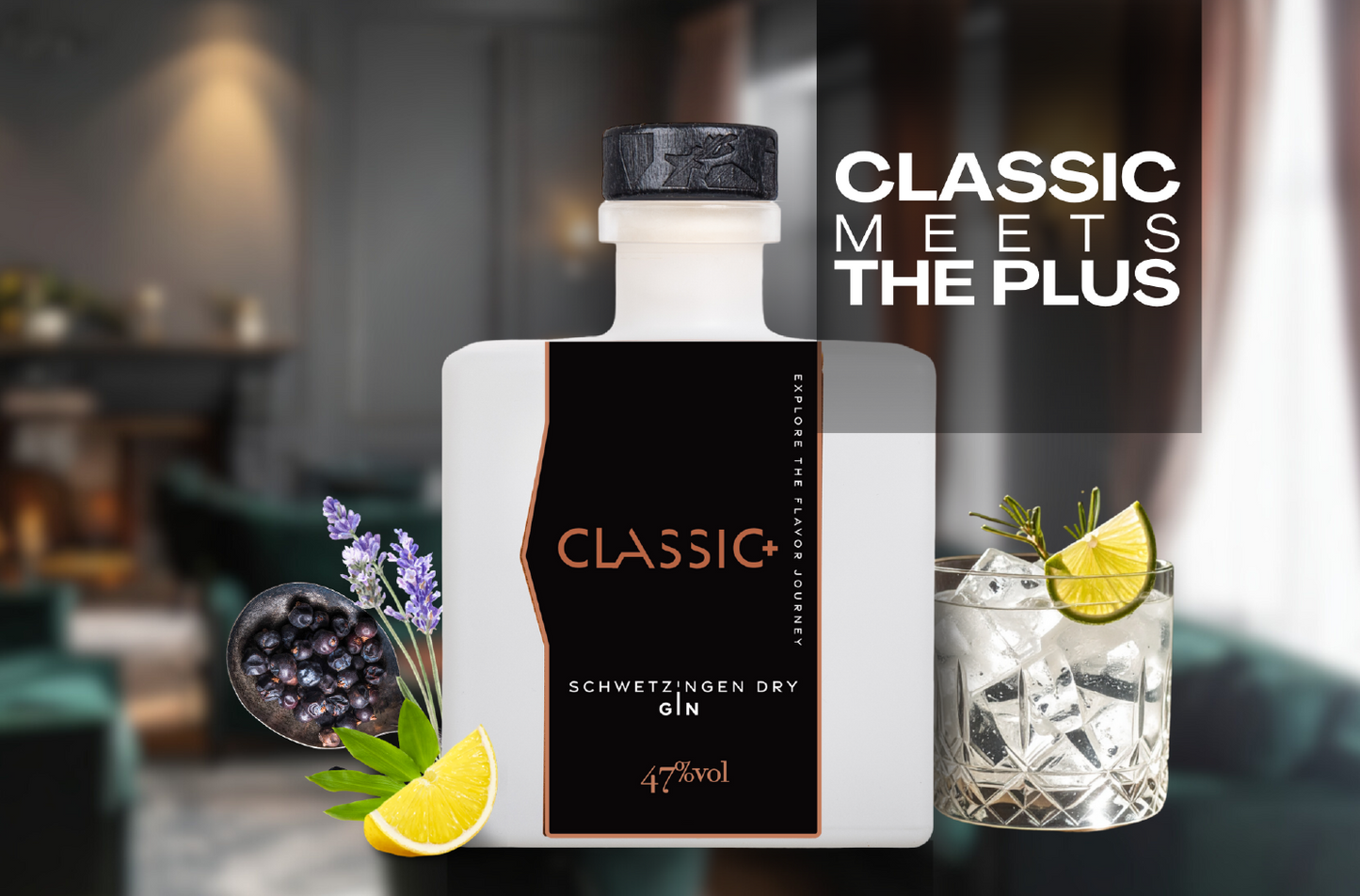 Classic+ Gin Flasche mit Drink und frischen Kräutern