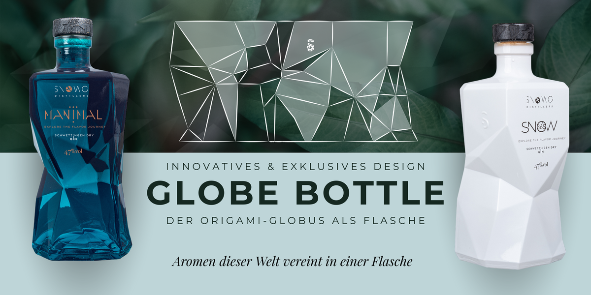SNOWO Distillers Globe Bottle  – innovative Origami-Globus-Flasche mit weißem Snow365 Gin und blauem Manimal Gin, exklusives Premium-Design, Schwetzingen Dry Gin