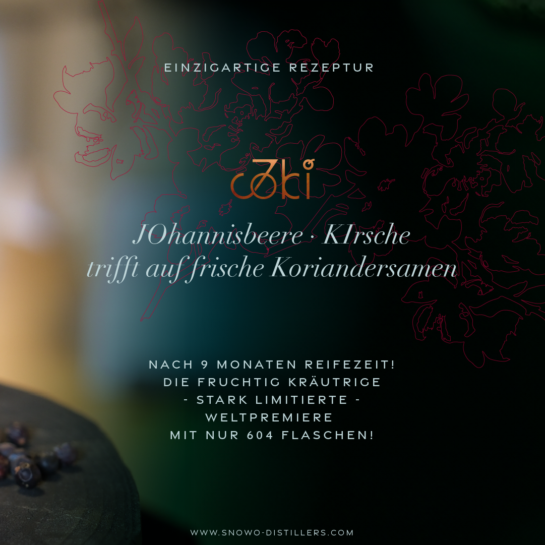 Joki Gin Limited Edition mit Hinweis auf 9 Monate Reifezeit, Johannisbeere, Kirsche und frische Koriandersamen – 604 Flaschen limitiert