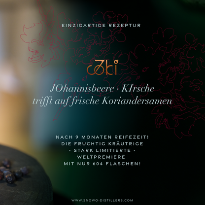 Joki Gin Limited Edition mit Hinweis auf 9 Monate Reifezeit, Johannisbeere, Kirsche und frische Koriandersamen – 604 Flaschen limitiert