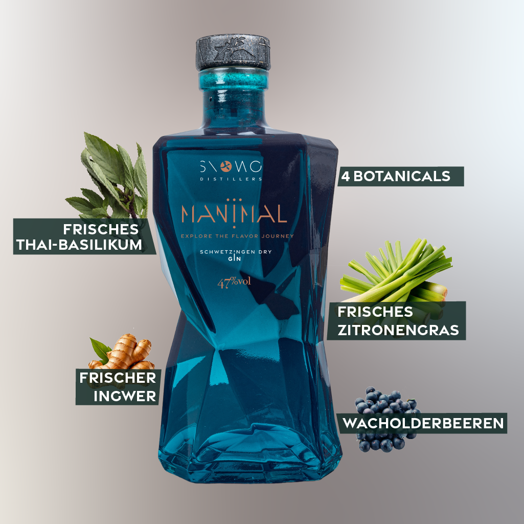 Manimal Gin 47% von SNOWO Distillers mit frischem Thai-Basilikum, frischem Zitronengras, frischem Ingwer und Wacholderbeeren – minimalistischer Botanical Gin - maximaler Genuss - Deutscher Premium Gin