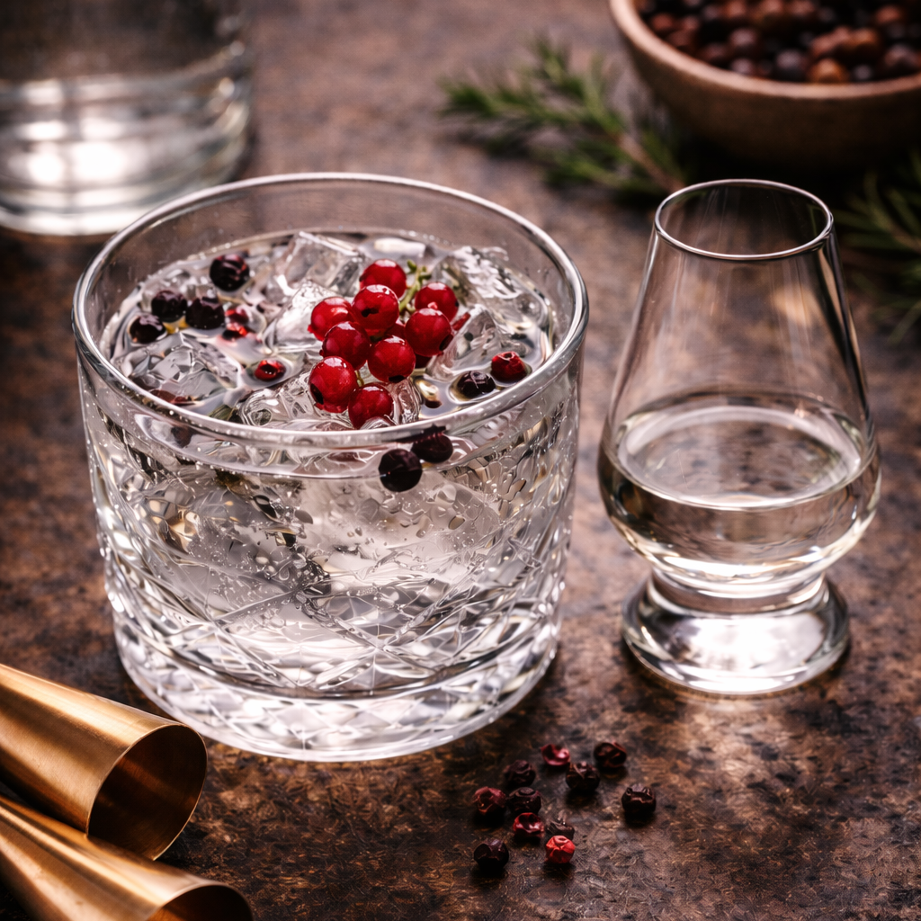 SNOWO Premium Gin im Glas mit Eis und Botanicals – perfekter Gin Genussmoment