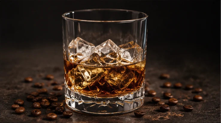 Crystal Coffee pur oder auf Eis im Glas mit Eiswürfeln und Kaffeebohnen