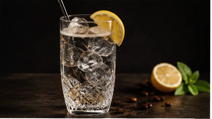 Crystal Coffee & Tonic mit Eis und Zitronenscheibe im Glas